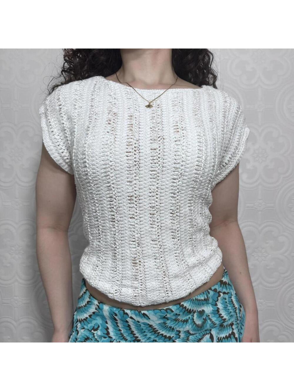 Ralph Lauren Crochet Knit Top Womens Petite Large White Linen Blend